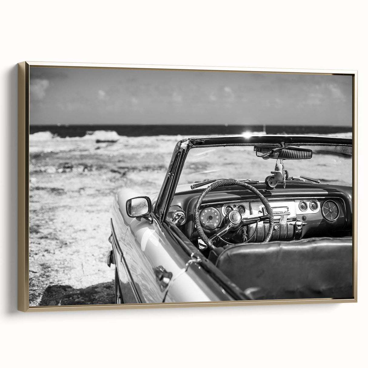 Framed canvas featuring a vintage-style Caribbean landscape with muted gold and black tones, ideal for bedroom wall decor.