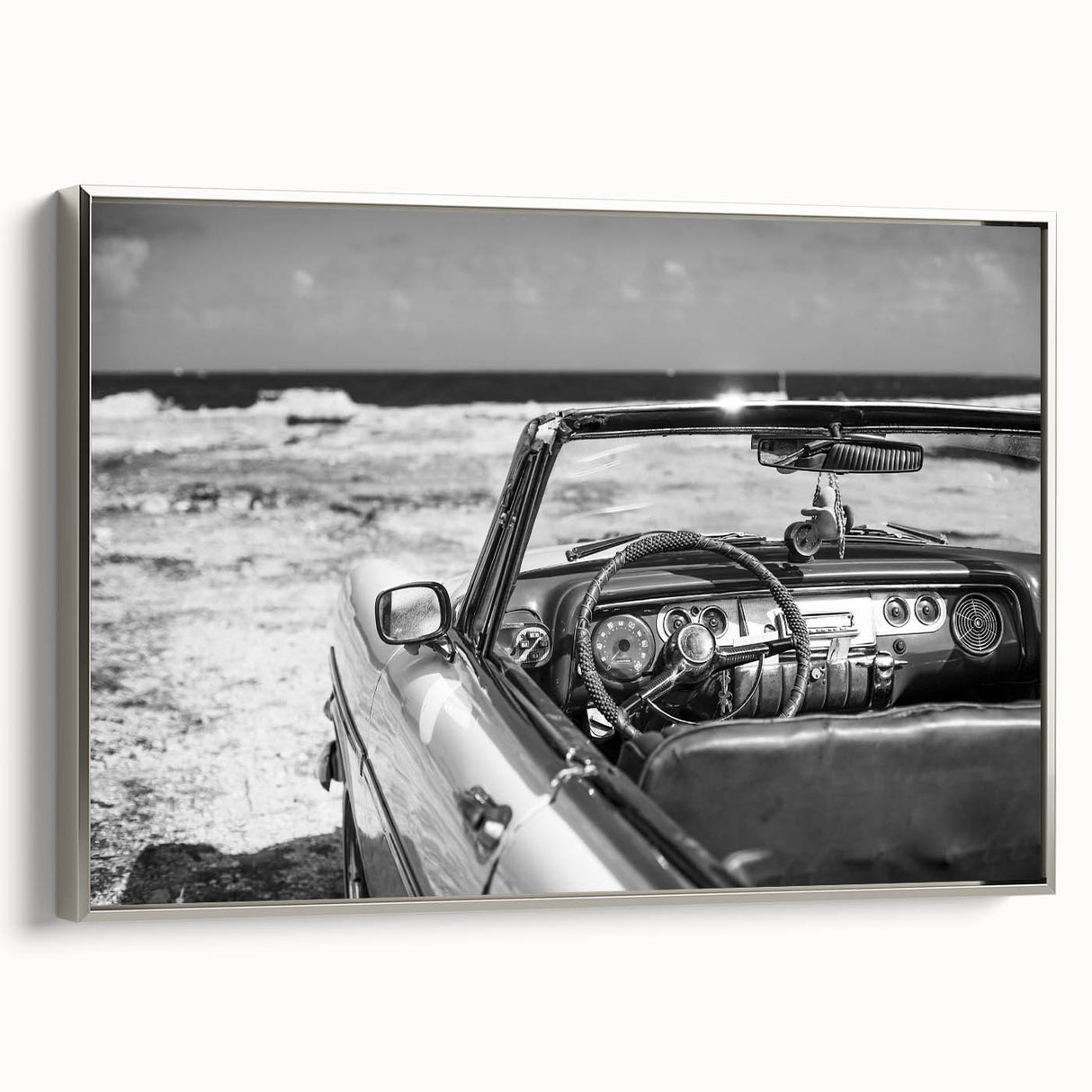 Framed canvas featuring a vintage-style Cuban landscape painting with vibrant colors and black accents.
