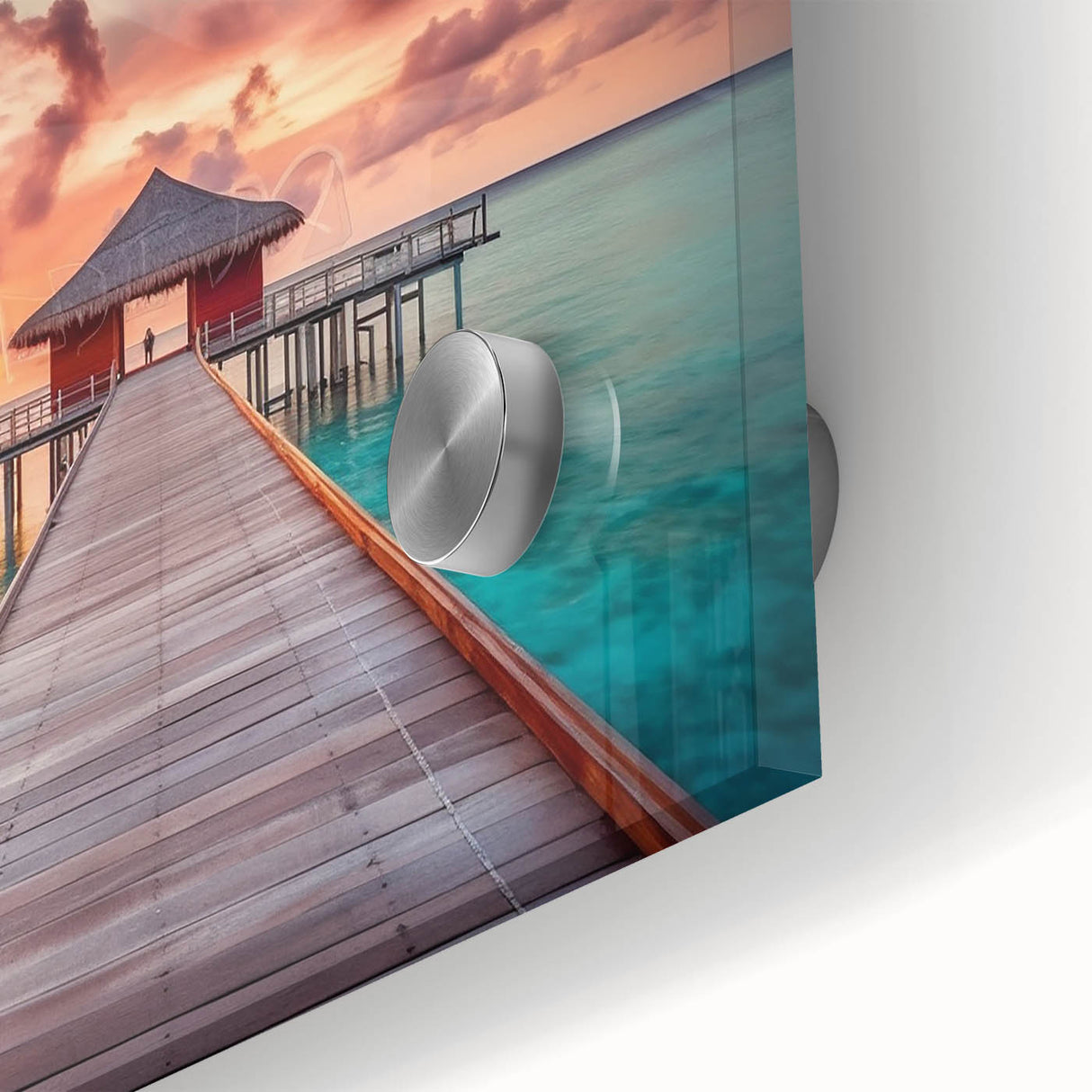 Large abstract wall art depicting a Caribbean scene in vibrant blue and green tones on acrylic glass.