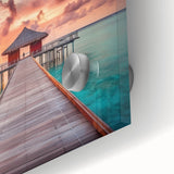 Large abstract wall art depicting a Caribbean scene in vibrant blue and green tones on acrylic glass.