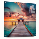 Acrylic print of a Caribbean scenery with vivid blue and green tones, suitable for dining room decor.