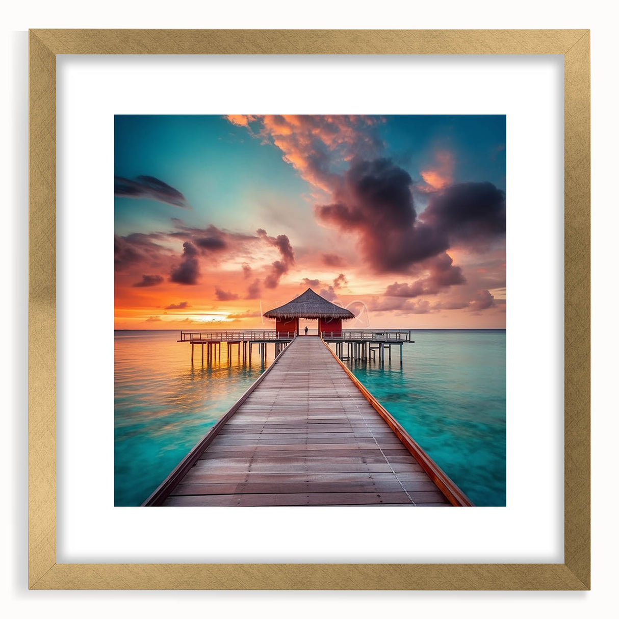 Abstract art print of a Caribbean scenery in muted blue and green tones, framed in gold, suitable for dining room decor.