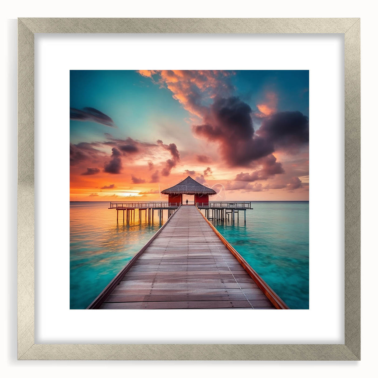 Extra large abstract art print featuring textured Caribbean scenery in vibrant blue and green, framed in silver.