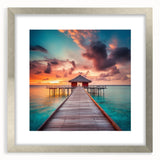 Extra large abstract art print featuring textured Caribbean scenery in vibrant blue and green, framed in silver.