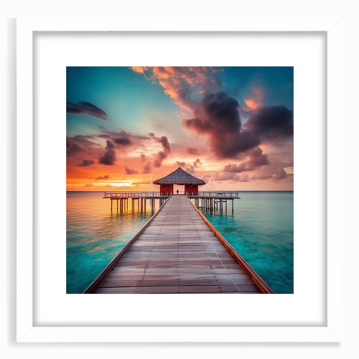 Textured art print of an abstract Caribbean scenery in muted blue and green tones on a framed white mat.