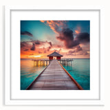 Textured art print of an abstract Caribbean scenery in muted blue and green tones on a framed white mat.