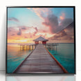 Large abstract wall art featuring a Caribbean scenery in vibrant blue and green tones on a framed acrylic.