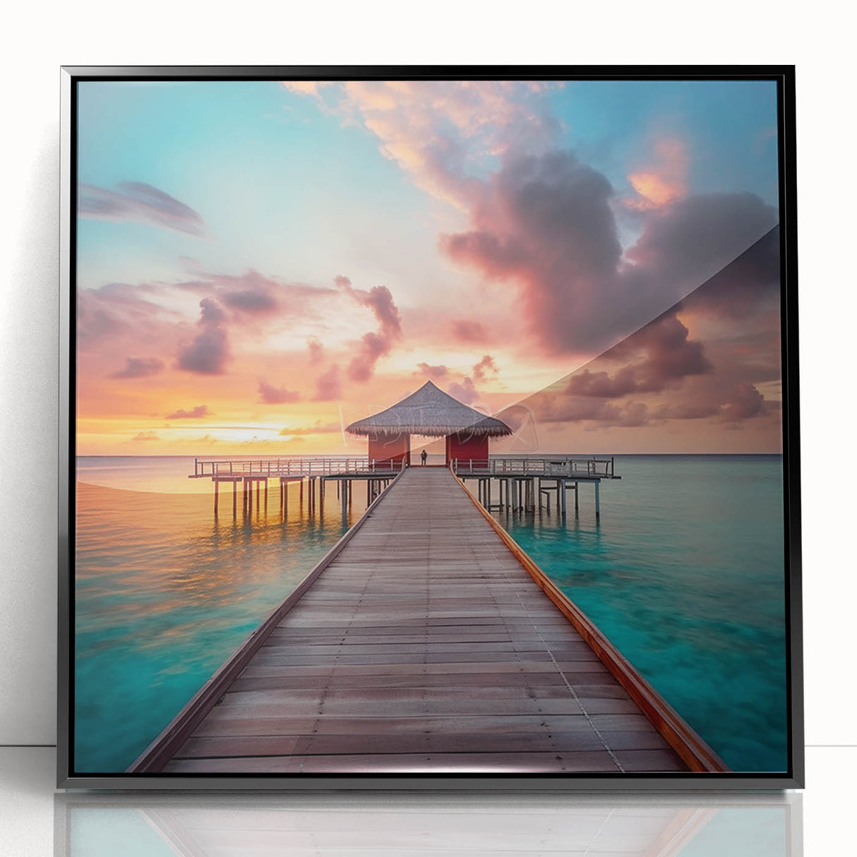 Large abstract wall art featuring a Caribbean scenery in vibrant blue and green tones on a framed acrylic.
