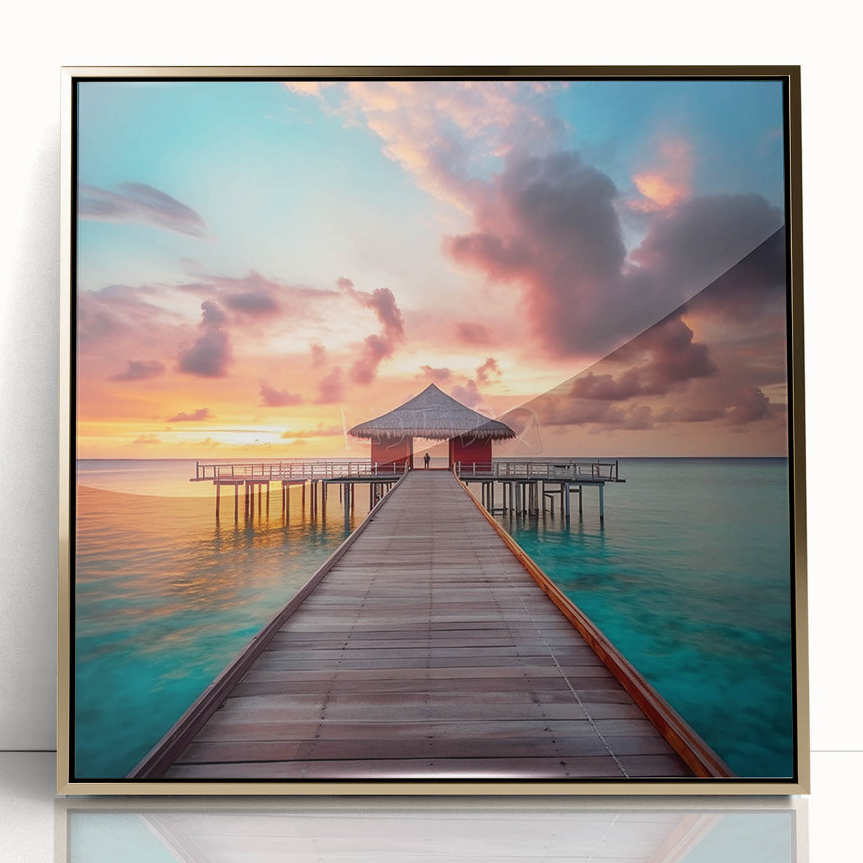 Art Deco-style poster of a Caribbean scenery with muted gold and blue tones on framed acrylic.