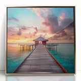 Art Deco-style poster of a Caribbean scenery with muted gold and blue tones on framed acrylic.