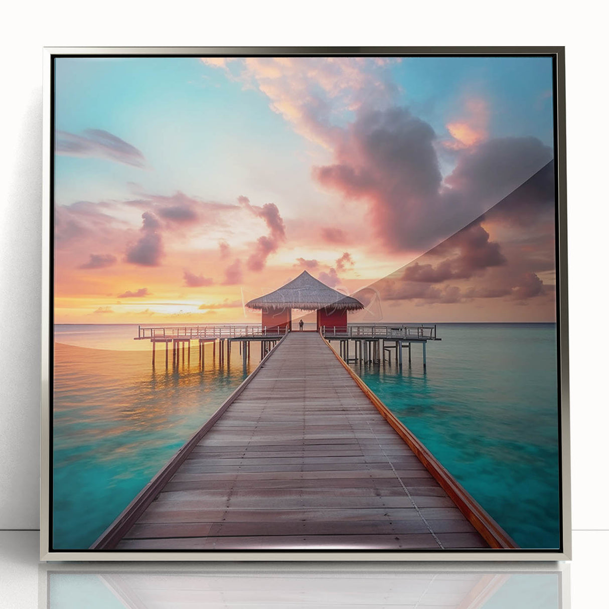 Caribbean scenery on a large acrylic print in silver frame, featuring vibrant blue and green tones.