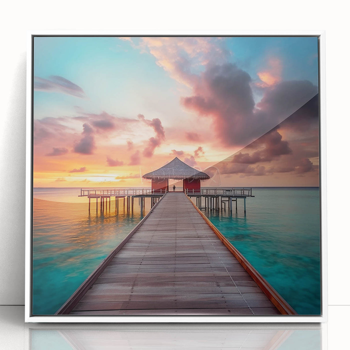 Mid-century modernist art depicting a Caribbean scenery in muted blue and green tones, acrylic print framed in white.