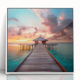 Mid-century modernist art depicting a Caribbean scenery in muted blue and green tones, acrylic print framed in white.