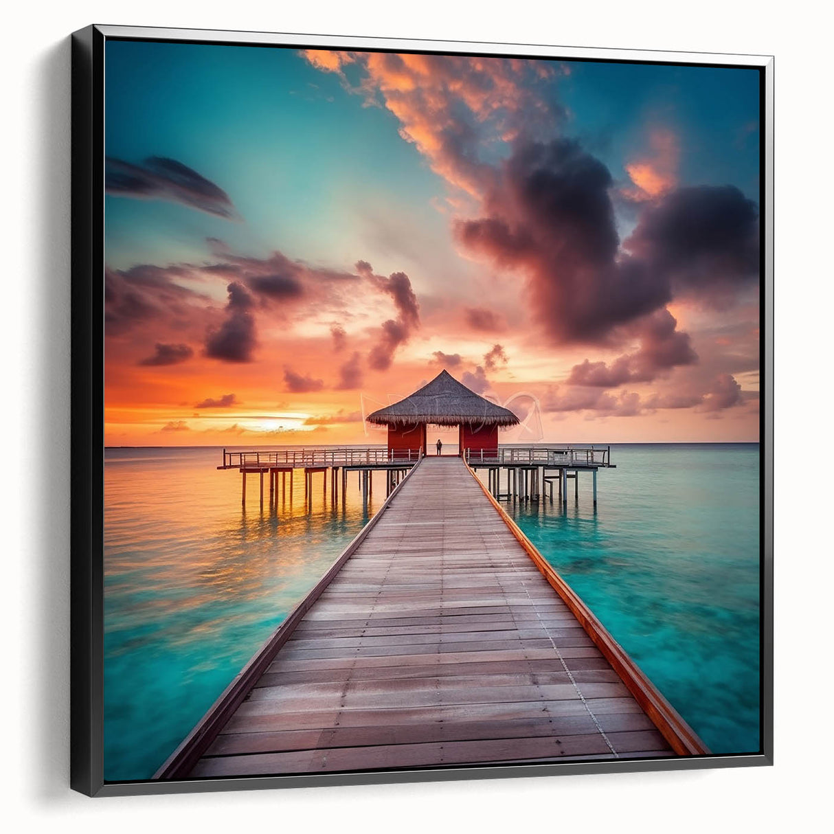Black and white framed canvas featuring a vintage poster-style Jamaican landscape, ideal for bedroom wall decor.