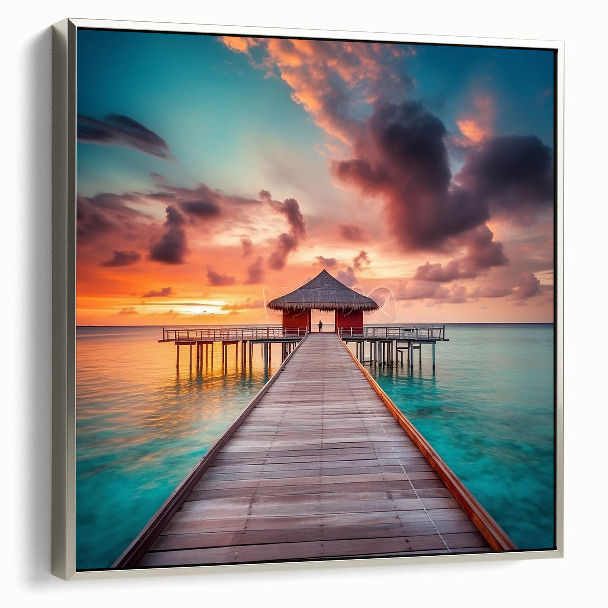 Landscape art painting of a Caribbean scene on framed canvas, featuring vibrant colors and black accents.