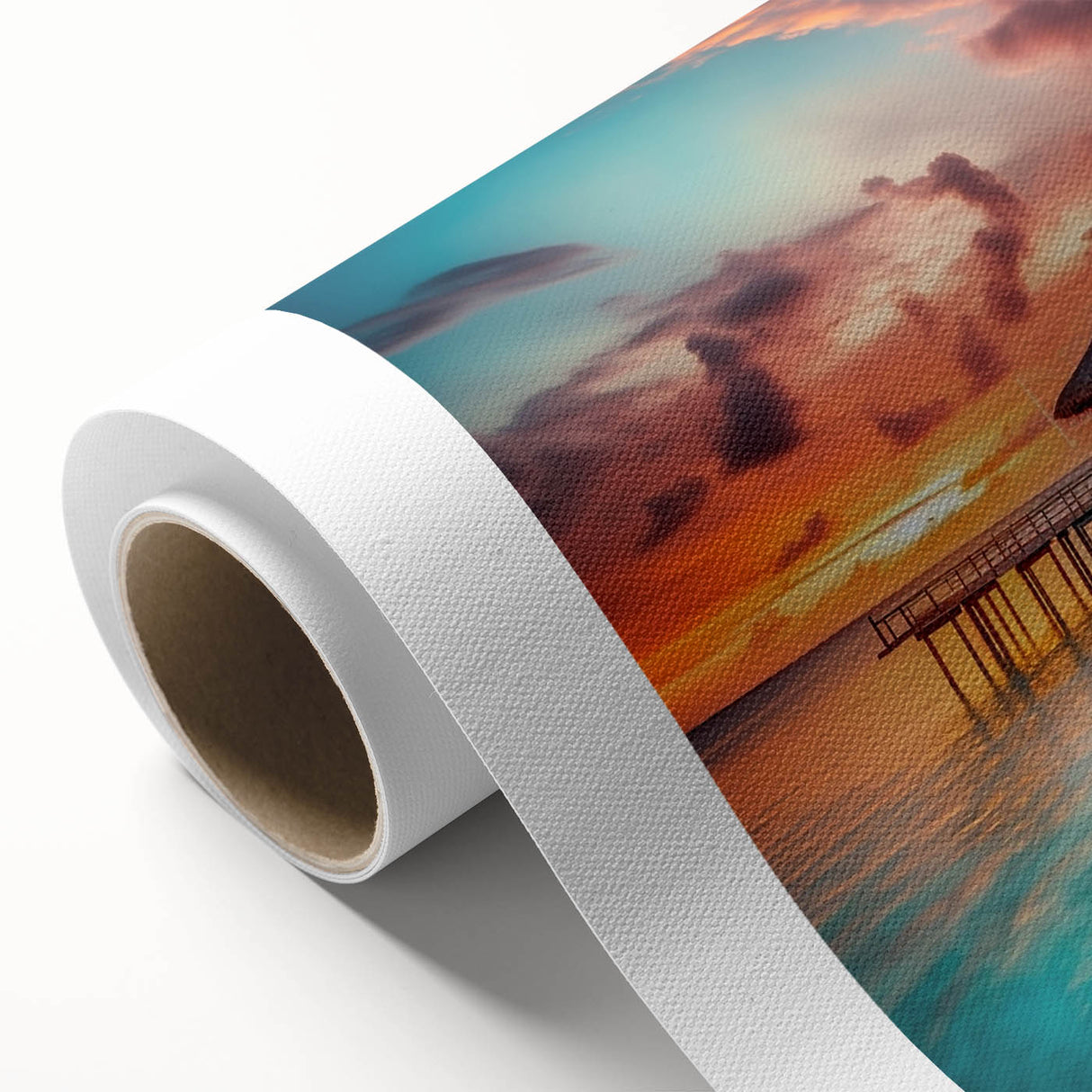 Art Deco style poster of a serene Caribbean beach scene on rolled canvas, using soft blue and sandy tones.