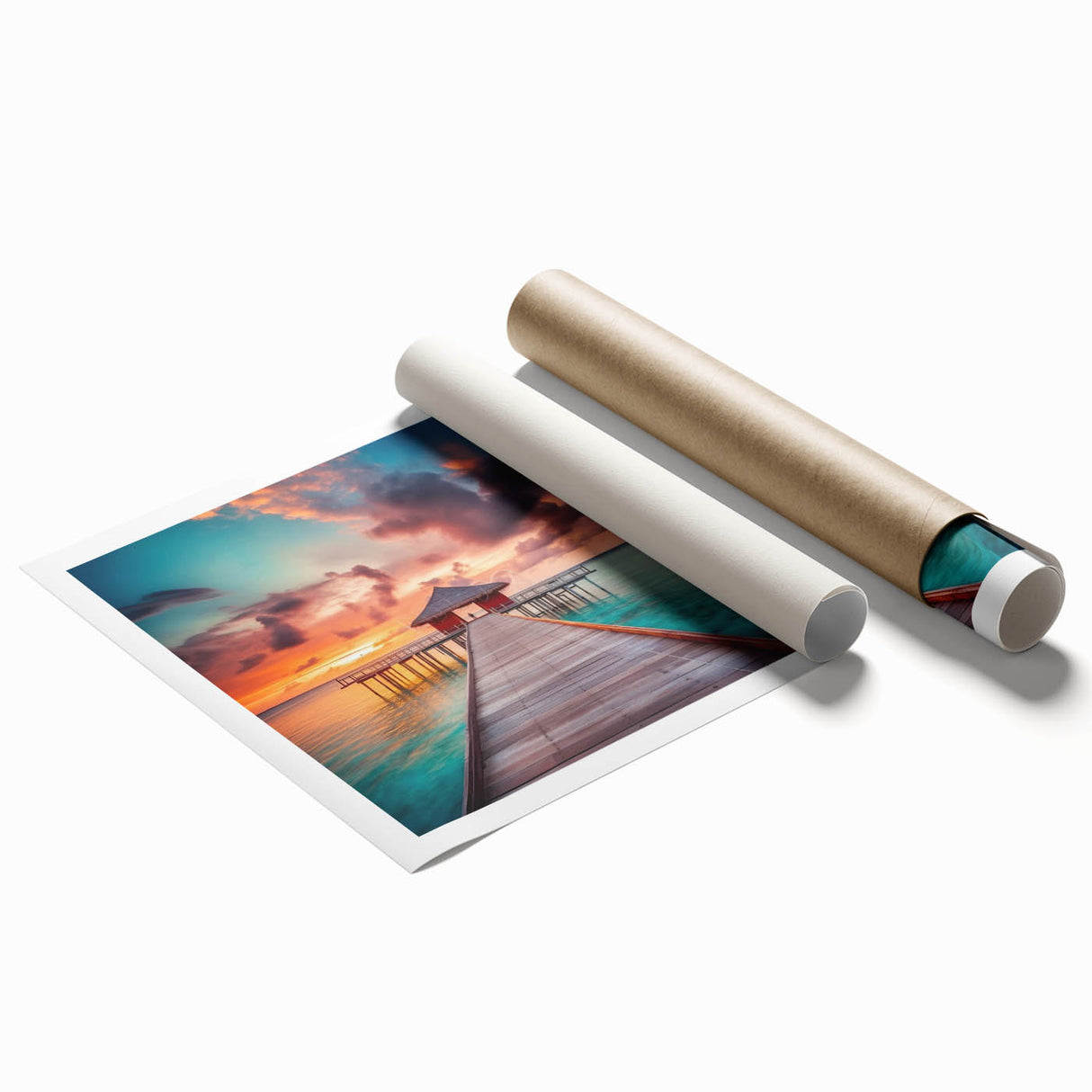 Extra large rolled print of a serene Caribbean scenery with lush florals in vibrant greens and blues.