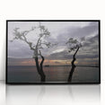 Large abstract wall art depicting the Caribbean Martinique scenery in muted blue and green tones on a framed acrylic print.
