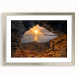 Extra large abstract art print depicting a textured Caribbean scenery in muted blues and greens, framed in silver.