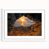 Textured abstract art print depicting a serene Caribbean scenery in muted blue and green tones, framed with a white mat.