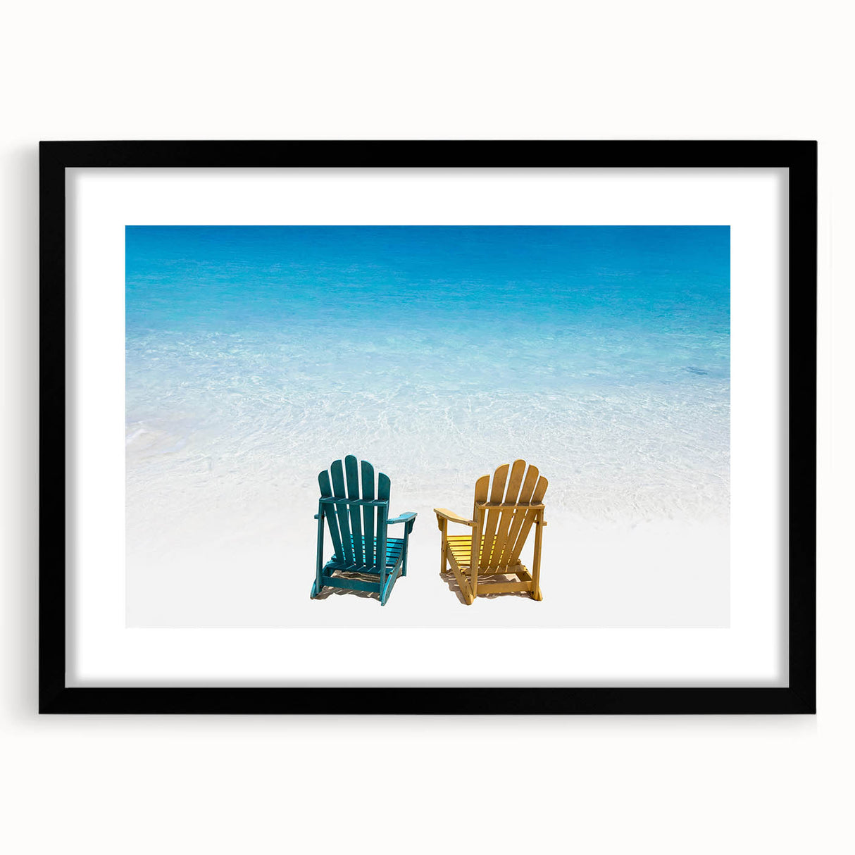 Extra large framed wall art of a colorful abstract Caribbean scene, ideal for living room decor.