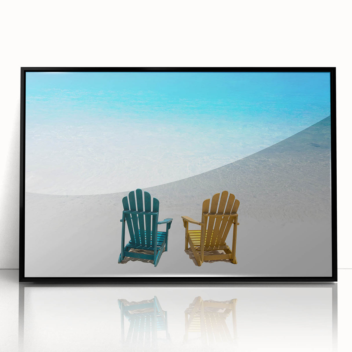 Large abstract wall art depicting the Caribbean Virgin Islands in vivid blue tones, framed in black acrylic.