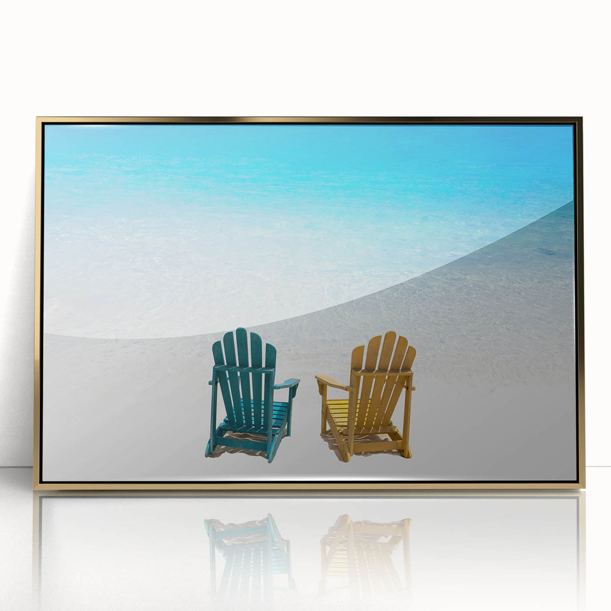 Acrylic print of Caribbean Virgin Islands with gold frame, showing serene blue waters and lush greenery.