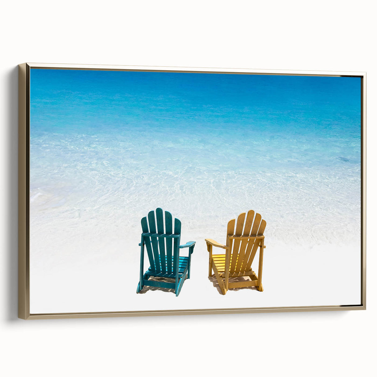 Framed canvas of a vintage-style Caribbean landscape, featuring muted blue and green tones, ideal for bedroom wall art.