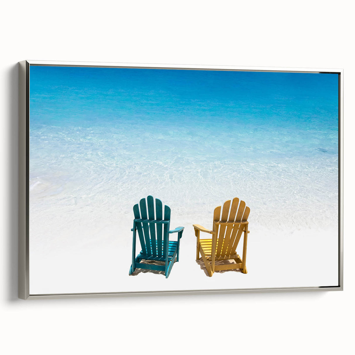 Framed canvas of a Caribbean landscape with vibrant blue and green hues, ideal for living room decor.