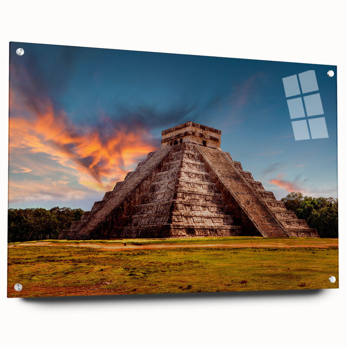 Acrylic glass print of a Central American landscape, featuring lush greenery and a serene lake, ideal for dining room decor.