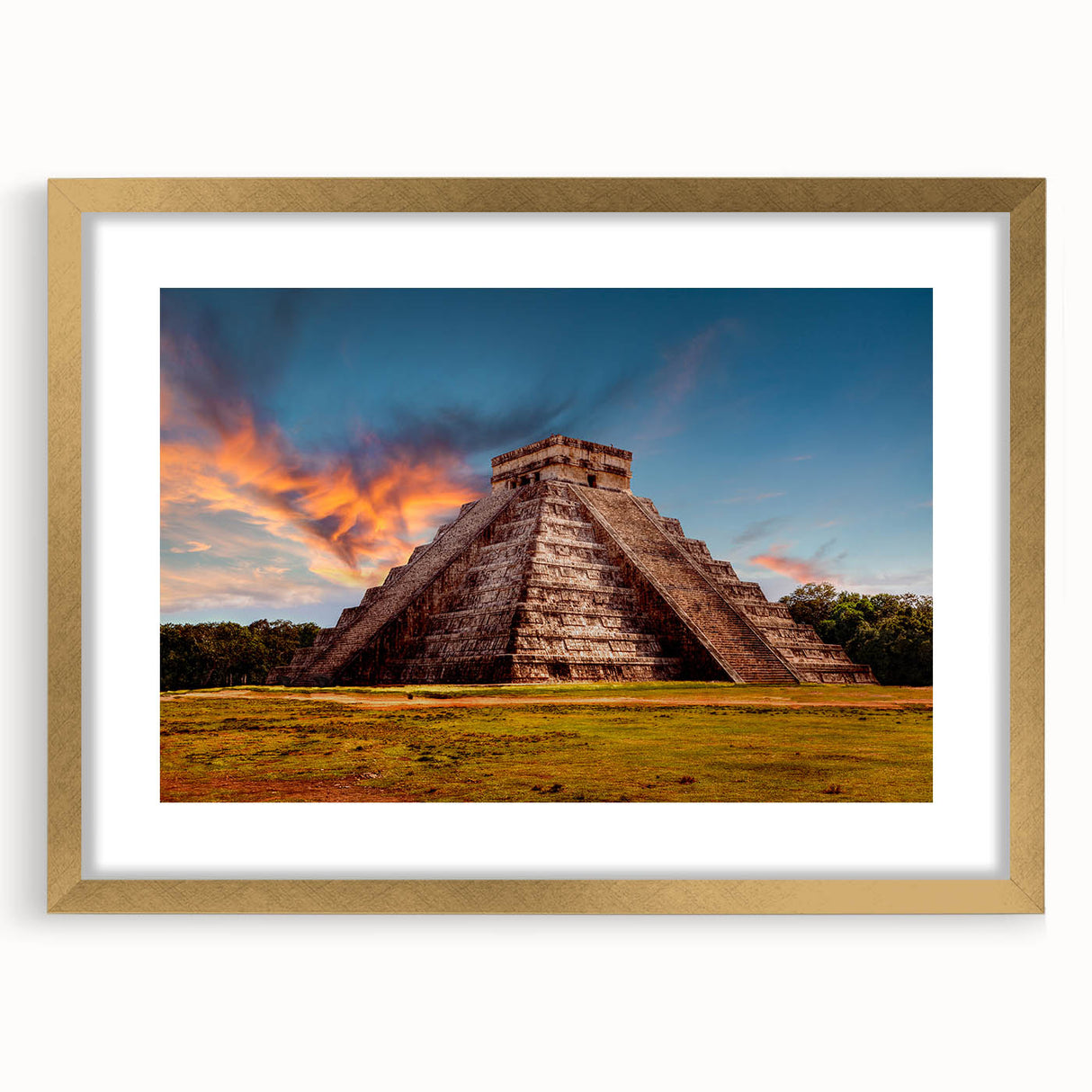 Extra large abstract art print featuring textured scenery of Central America in gold frame, suitable for living room decor.