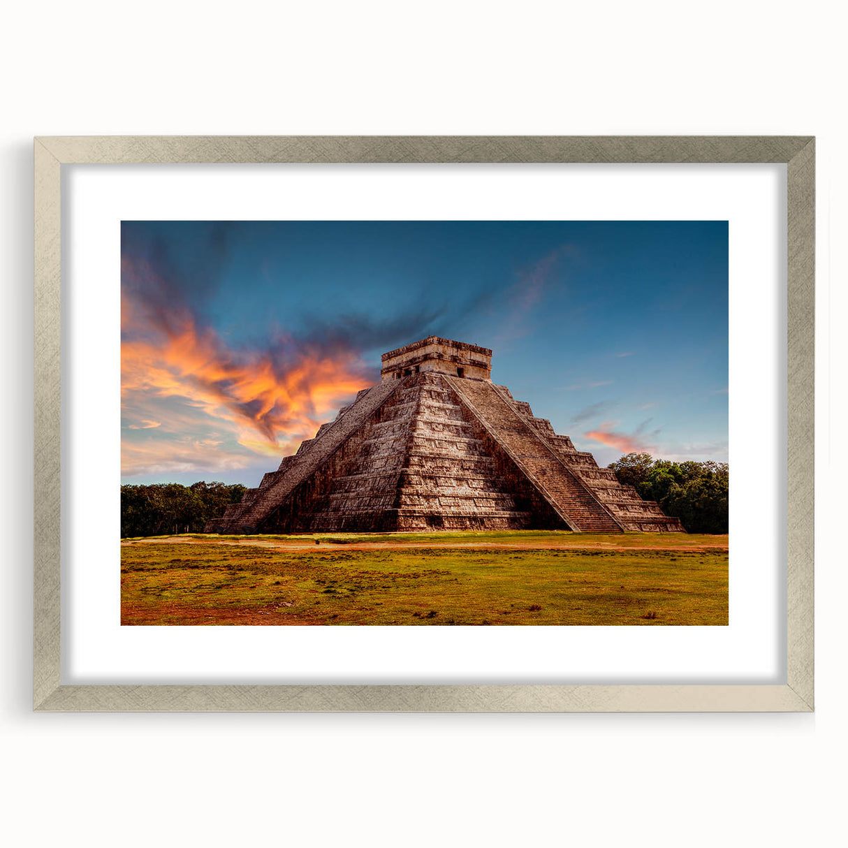 Textured abstract art print depicting a Central American scenery in muted earth tones, framed in silver.