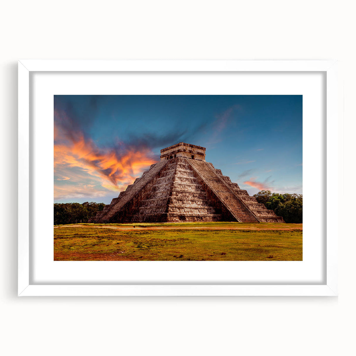Abstract art print depicting a vibrant Belize scenery in a white frame with mat, ideal for dining room decor.