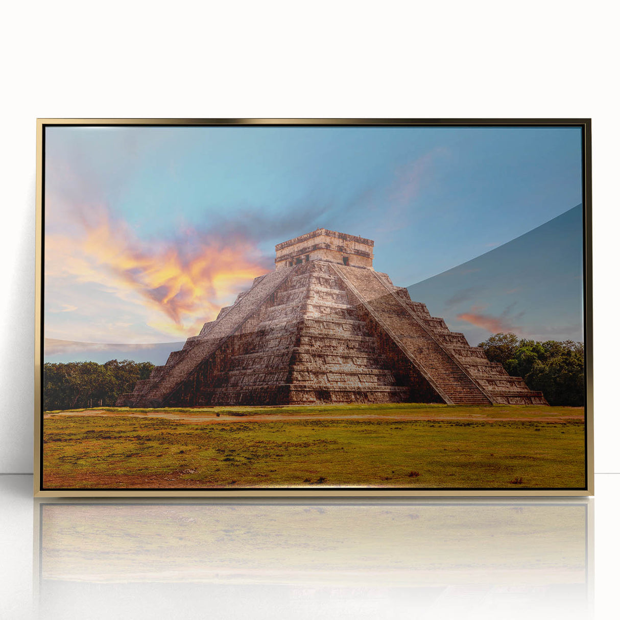 Framed acrylic print of a Belize scenery with lush greenery and a tranquil river, in a mid-century modernist style.