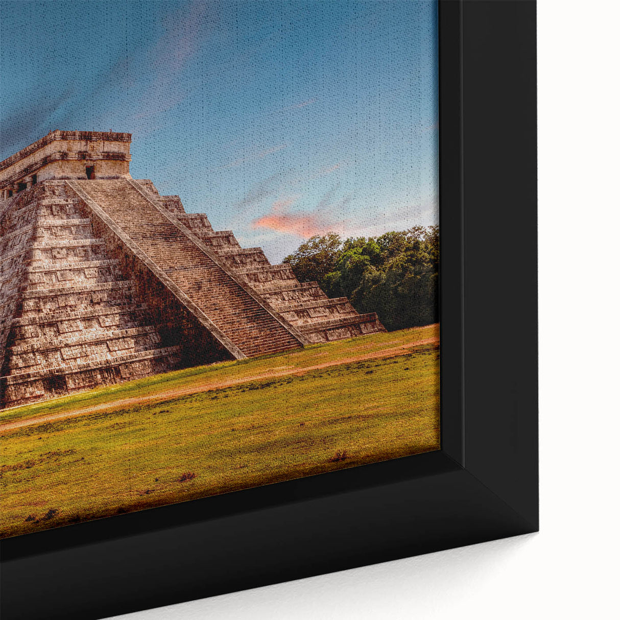 Close-up of a framed canvas featuring a textured, colorful Central American scenery, ideal for living room decor.