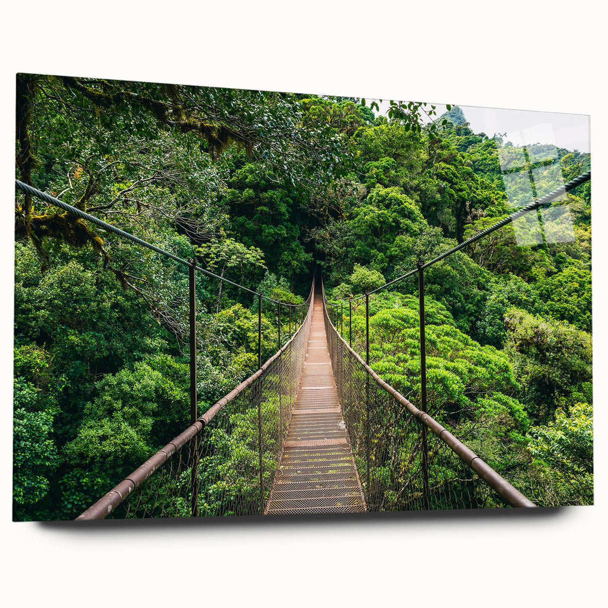Large abstract wall art of a Costa Rican landscape in vibrant greens and blues on acrylic glass.
