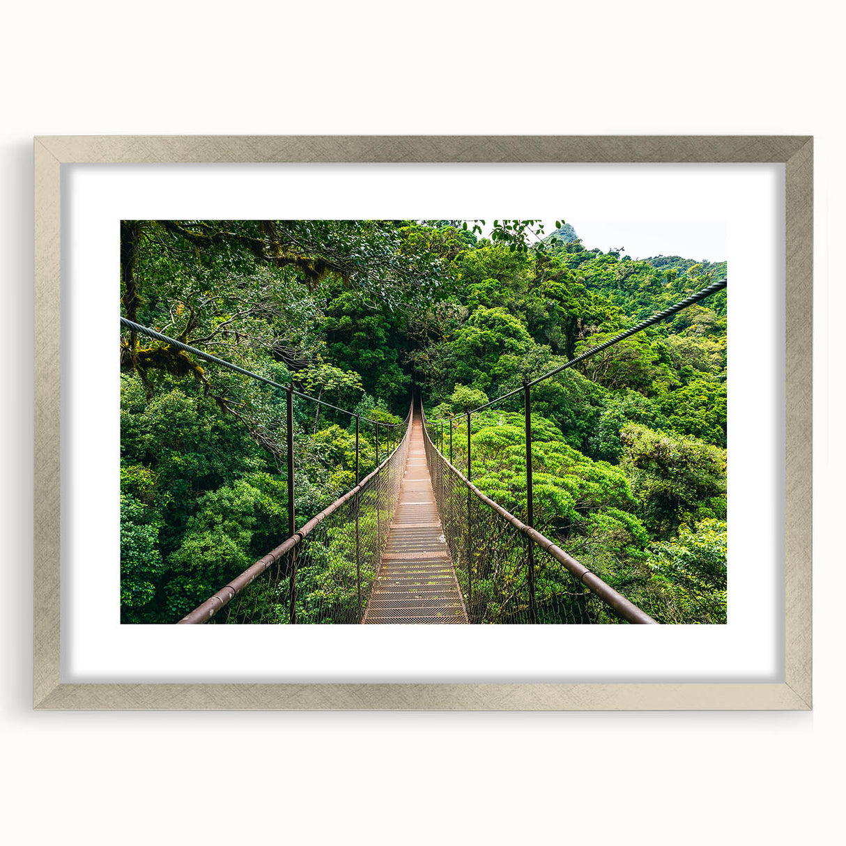 Textured abstract art print depicting a vibrant Costa Rican landscape on a silver-framed mat, ideal for bedroom art.