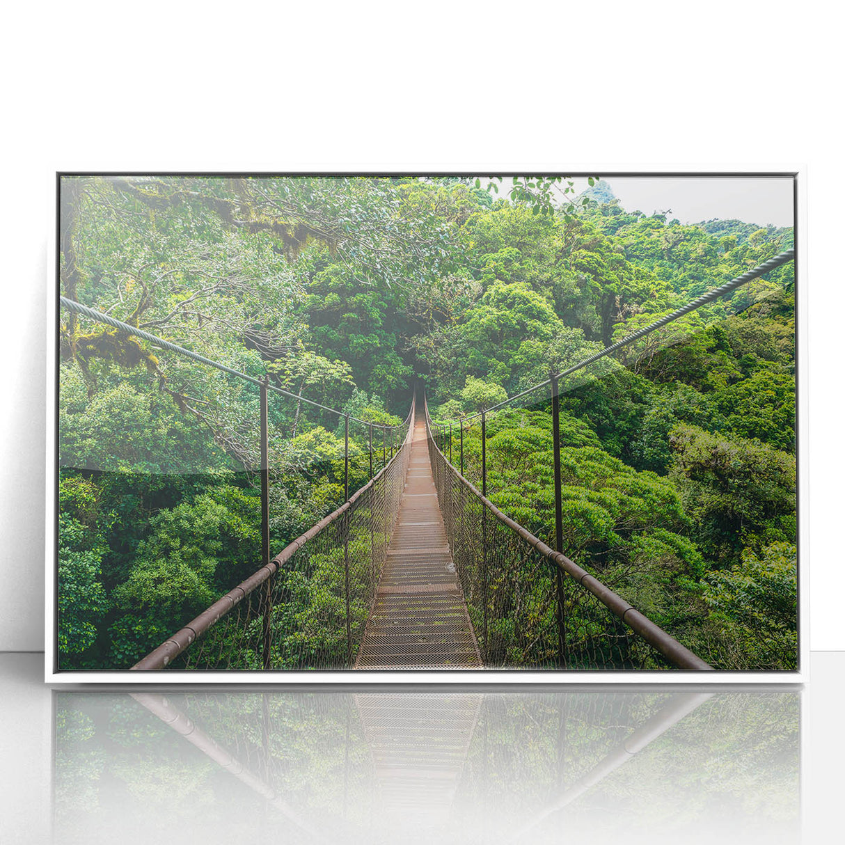 Art deco poster depicting a serene Costa Rican landscape in muted green and blue tones, framed acrylic.