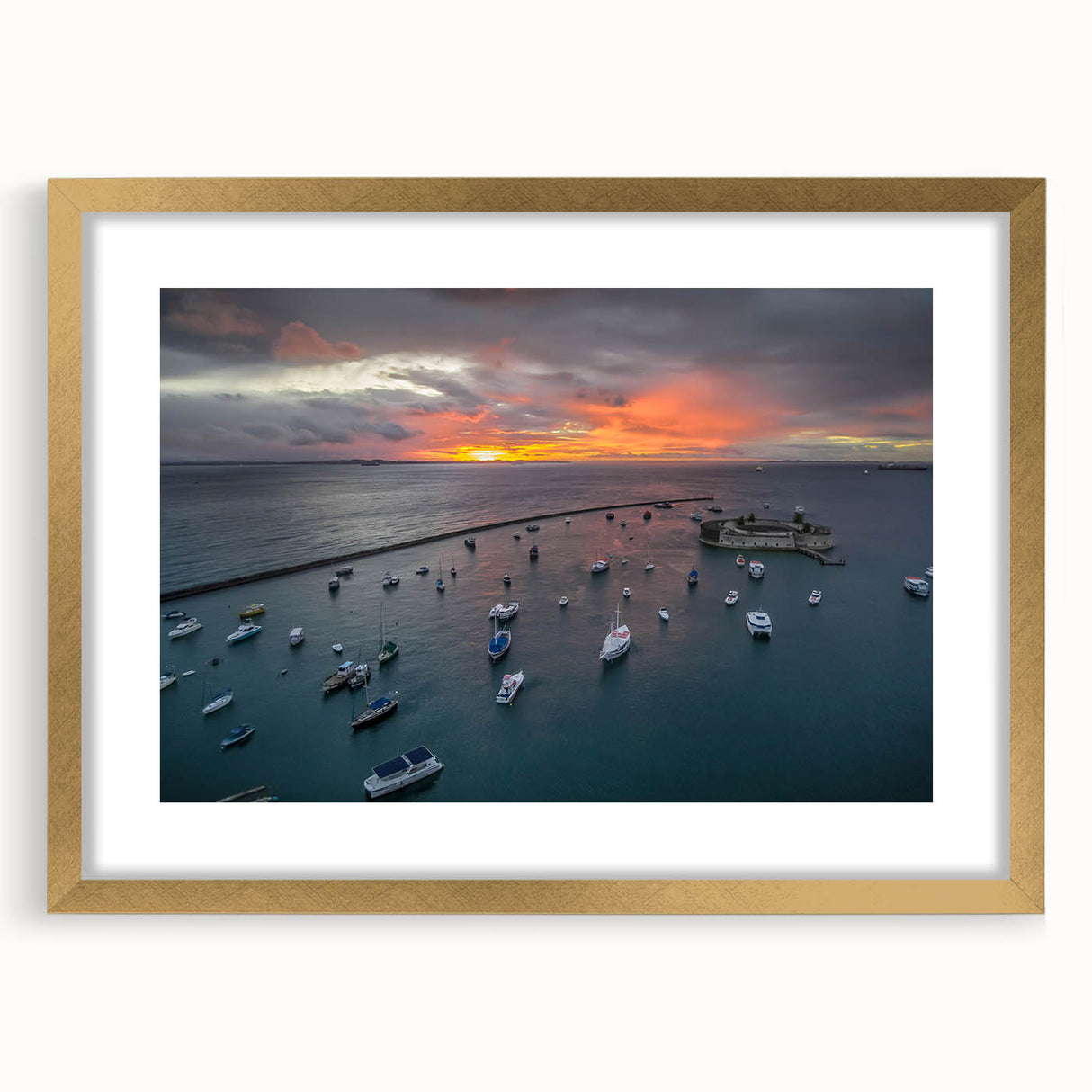 Abstract art print of Central America scenery in textured gold frame, ideal for living room decor.