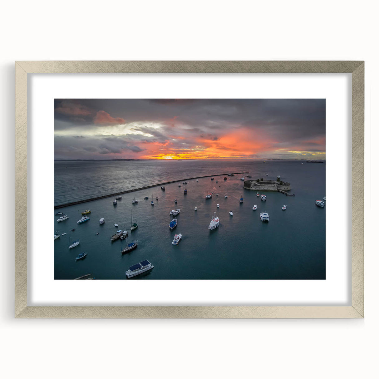 Textured abstract art print of Central American scenery in muted earth tones, framed in silver, ideal for bedroom art.