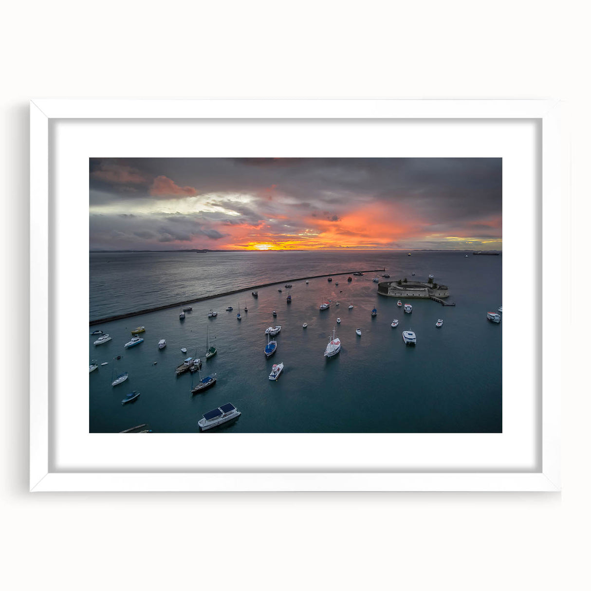 Abstract art print of a Central American scenery in muted earth tones on a white framed mat, ideal for dining room decor.