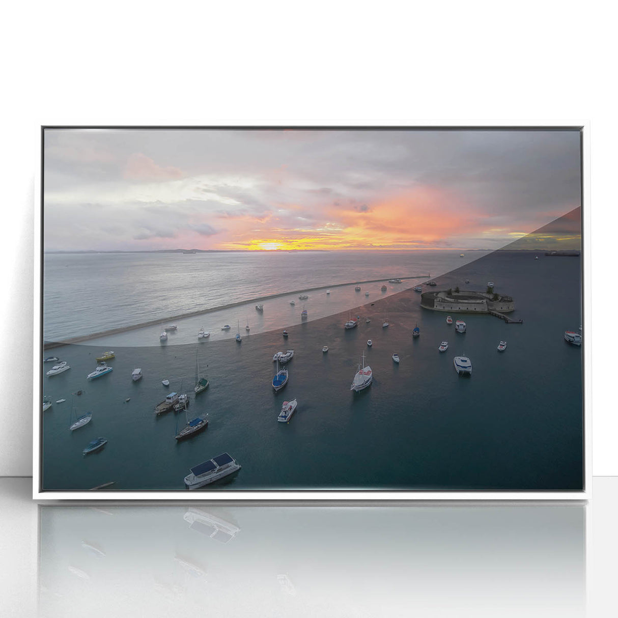 Acrylic print of a serene El Salvador landscape, featuring soft pastel colors, framed in white, ideal for nursery wall art.