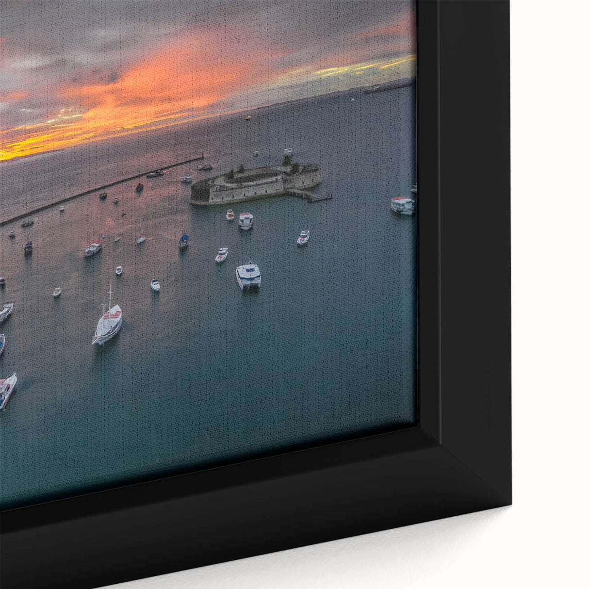 Black framed canvas featuring a textured, colorful Central American scenery, ideal for living room decor.