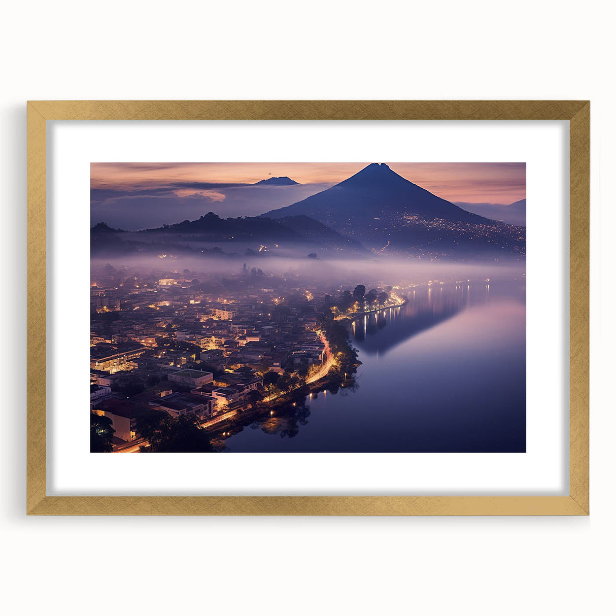 Extra large abstract art print of Central American scenery in textured gold frame, suited for living room decor.