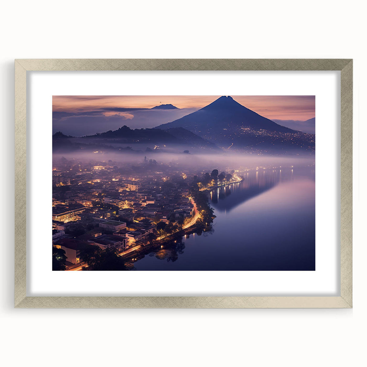 Textured abstract art print of a Central American scenery in muted earth tones, framed with a silver mat.