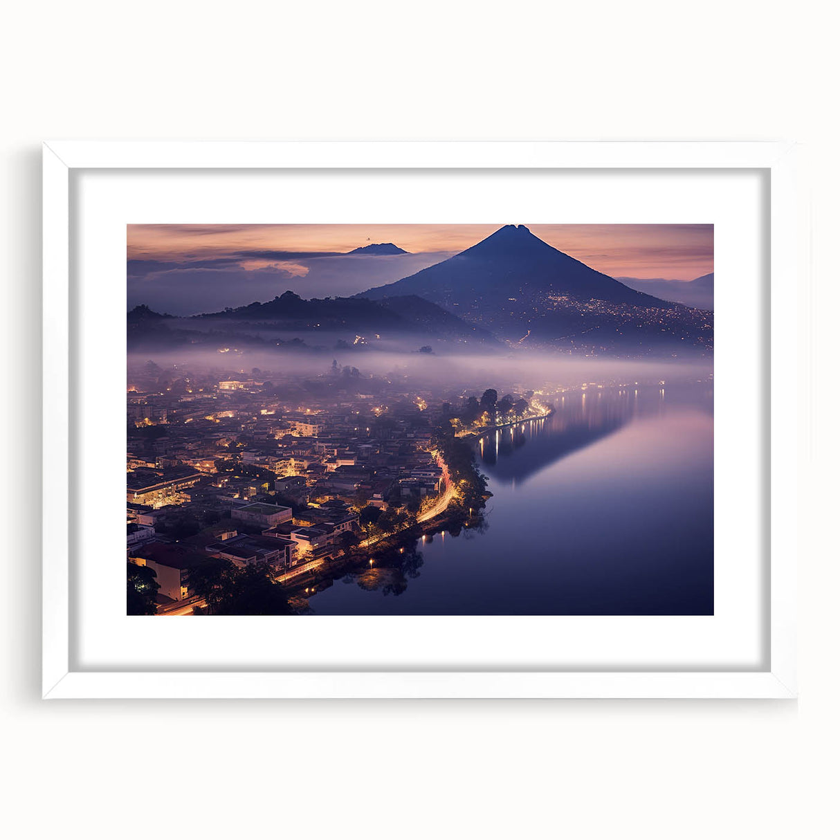 Abstract art print of Central American scenery in muted earth tones on a white framed canvas.