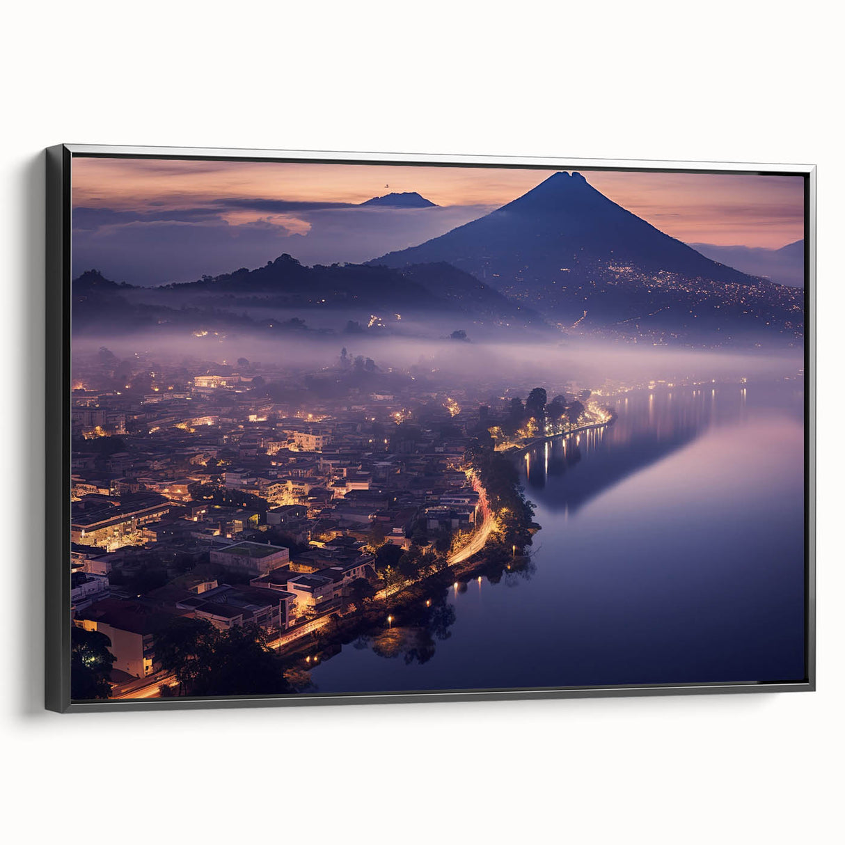 Black and white landscape art painting of Central America, Guatemala on framed canvas, suitable for bedroom wall decor.