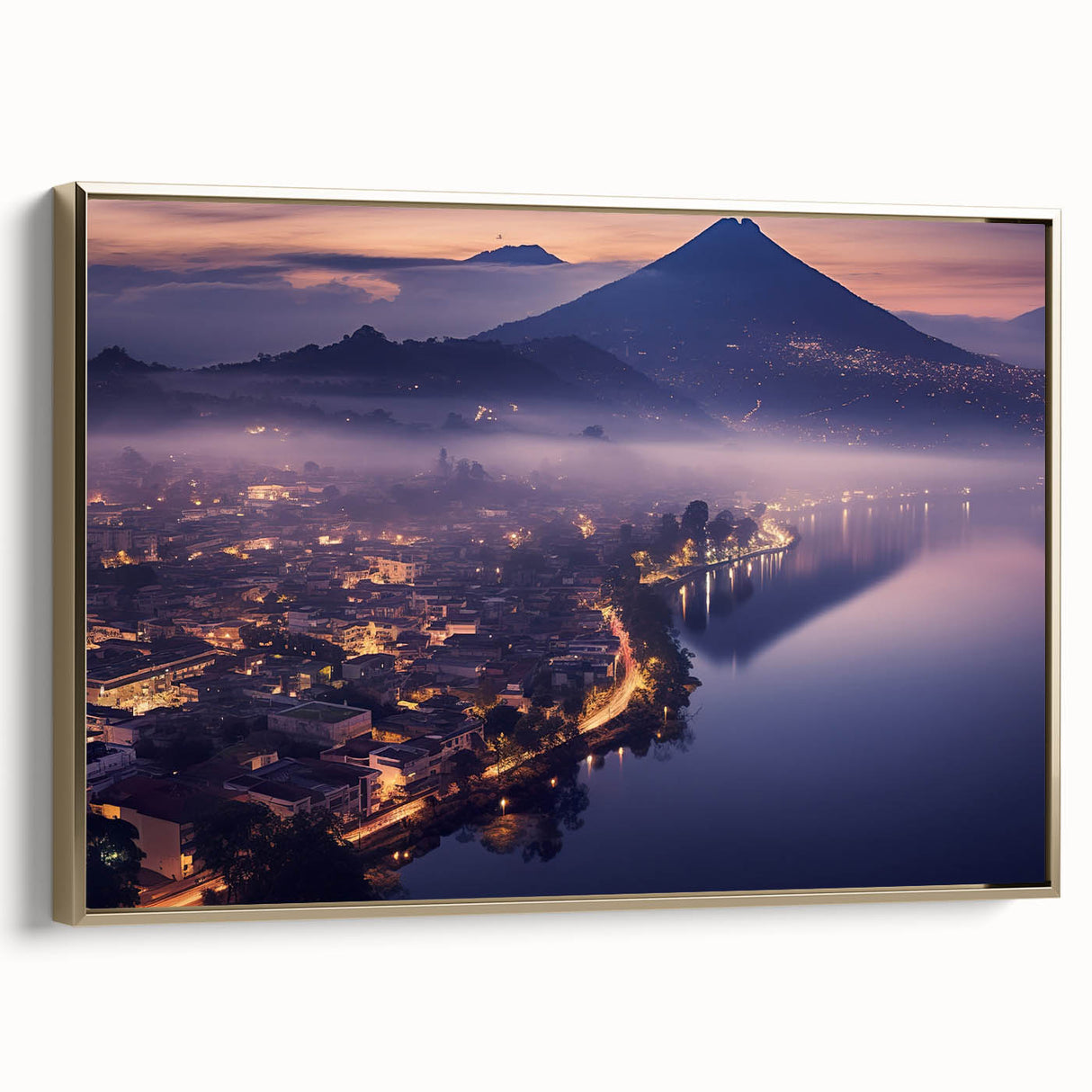 Framed canvas of a vintage-style Guatemalan landscape painting in black and gold tones, ideal for bedroom wall art.