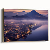 Framed canvas of a vintage-style Guatemalan landscape painting in black and gold tones, ideal for bedroom wall art.