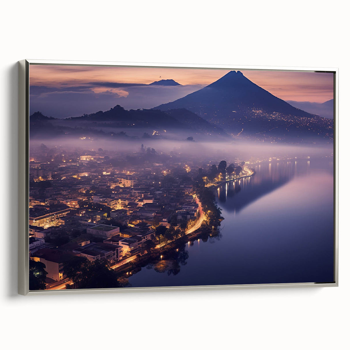 Framed canvas of a vintage-style landscape painting featuring colorful Central American scenery, ideal for living room decor.